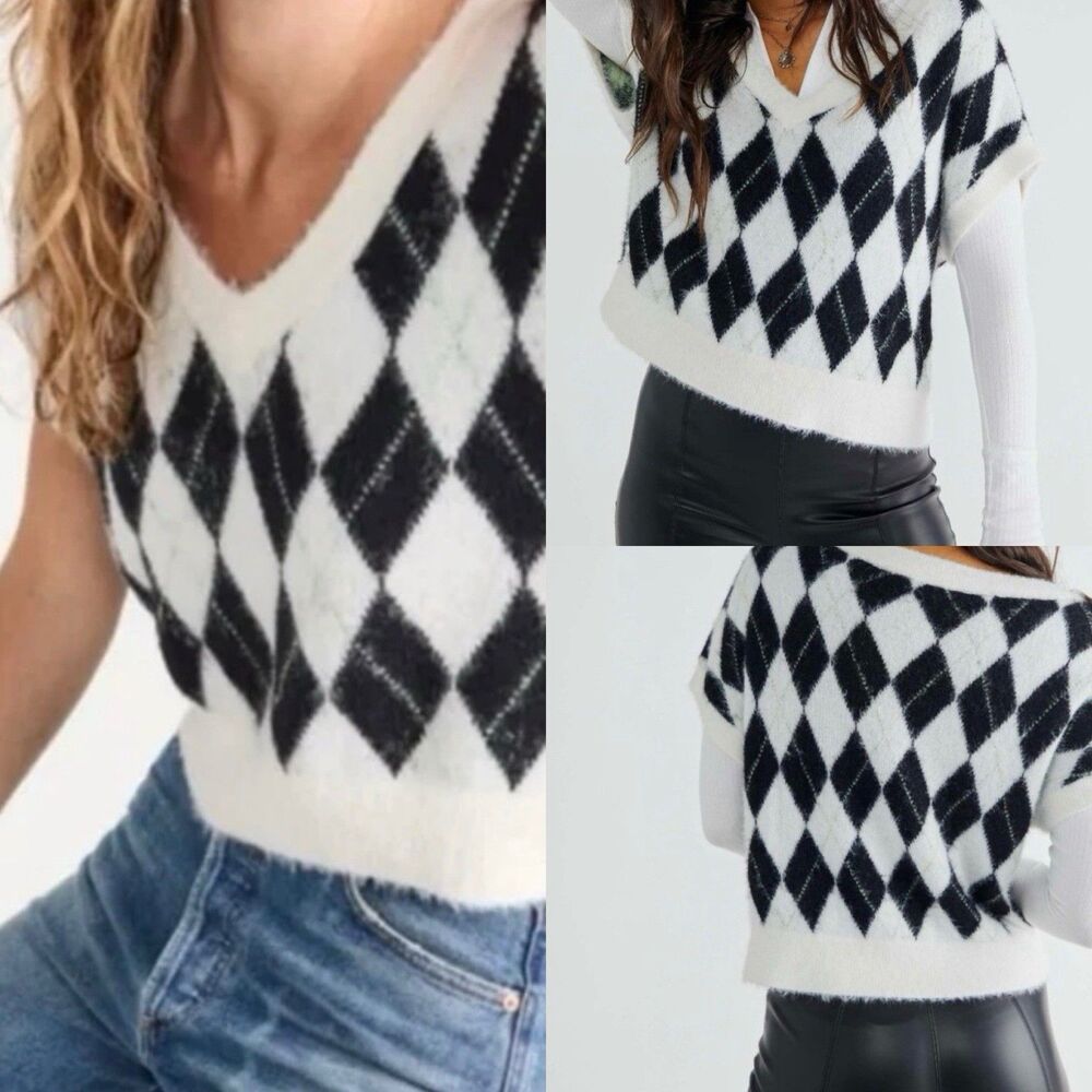 Free‎ People Sweater Women's XS Through The Motions Argyle Vest Cropped Boxy
